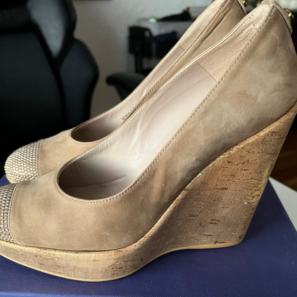 Stuart Weitzman Wedge Studswoon Nubuck And Gold C… - image 1